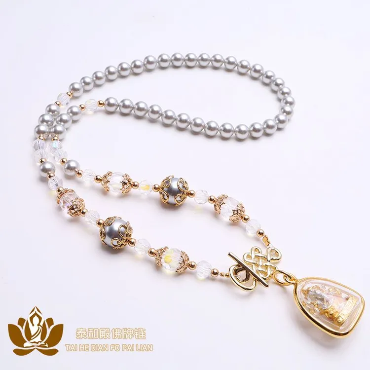 铜合金仿珍珠吊坠 灰色贝珠锁骨项链子女佛牌吊坠绳白贝珠 圆珠链