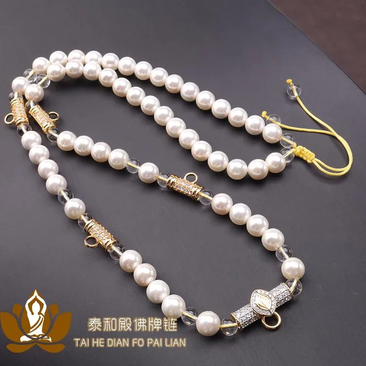 铜合金仿珍珠项链 8毫米白色圆珠珍珠贝佛牌链子五挂三挂单挂镶钻