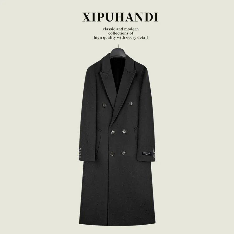 男士时尚秋冬羊毛大衣长款外套气质大衣男款黑色翻领轻奢长款