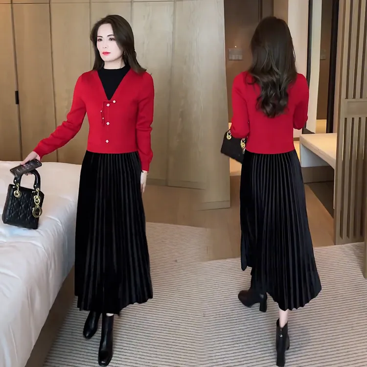 时尚洋气假两件拼接连衣裙女2024秋冬新款中长款国风打底毛衣裙子