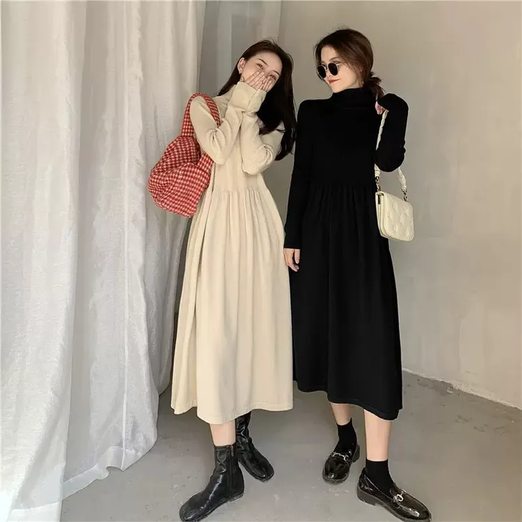 配大衣内搭针织长款毛衣裙过膝打底连衣裙女赫本风收腰长裙子长袖
