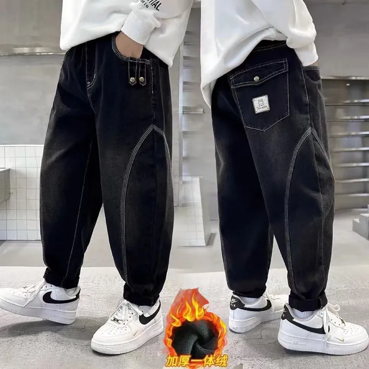 男童牛仔裤冬季加绒儿童裤子2025中大童牛仔裤宽松版洋气男童长裤