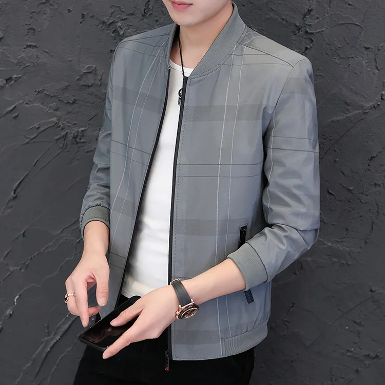 春秋新款时尚商务休闲外套高品质潮流韩版帅气百搭修身立领格子