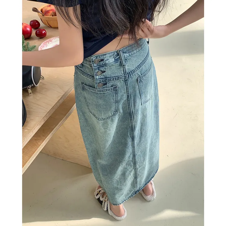 实拍2024夏装新款水洗蓝高腰半裙三粒扣设计开叉牛仔半身裙女