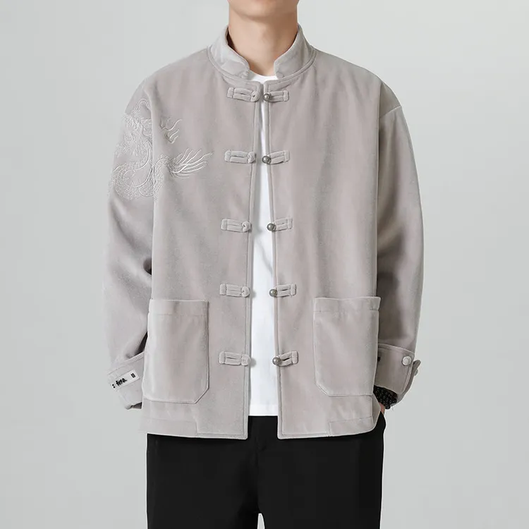 国潮男装大码丝绒夹克外套秋冬季新中式国风龙纹刺绣大码唐装茶服