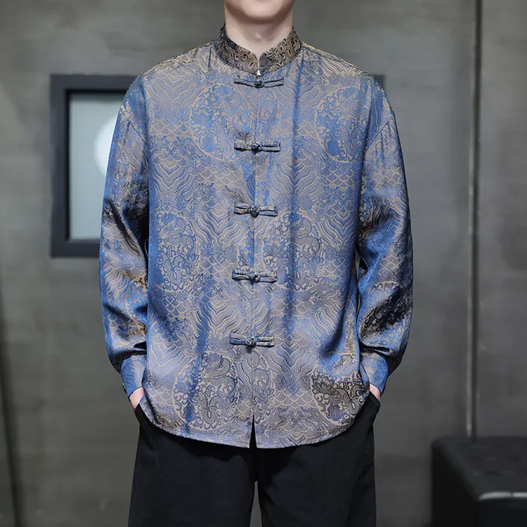 新中式高级感锦缎提花衬衫男长袖中国风男装唐装复古立领盘扣外套