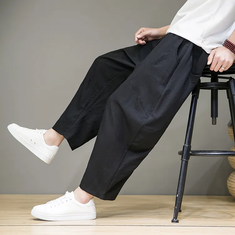 中国风亚麻九分裤男夏季薄款高级感纯色宽松大码肥佬阔腿哈伦裤潮