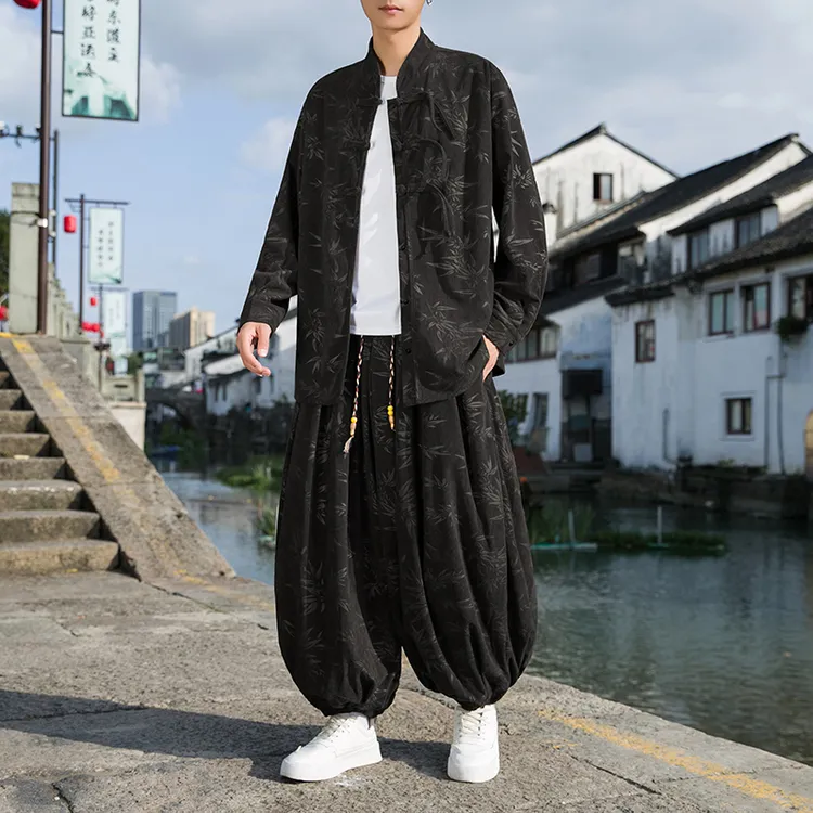中国风提花灯芯绒长袖衬衫男新中式立领唐装套装宽松复古居士汉服
