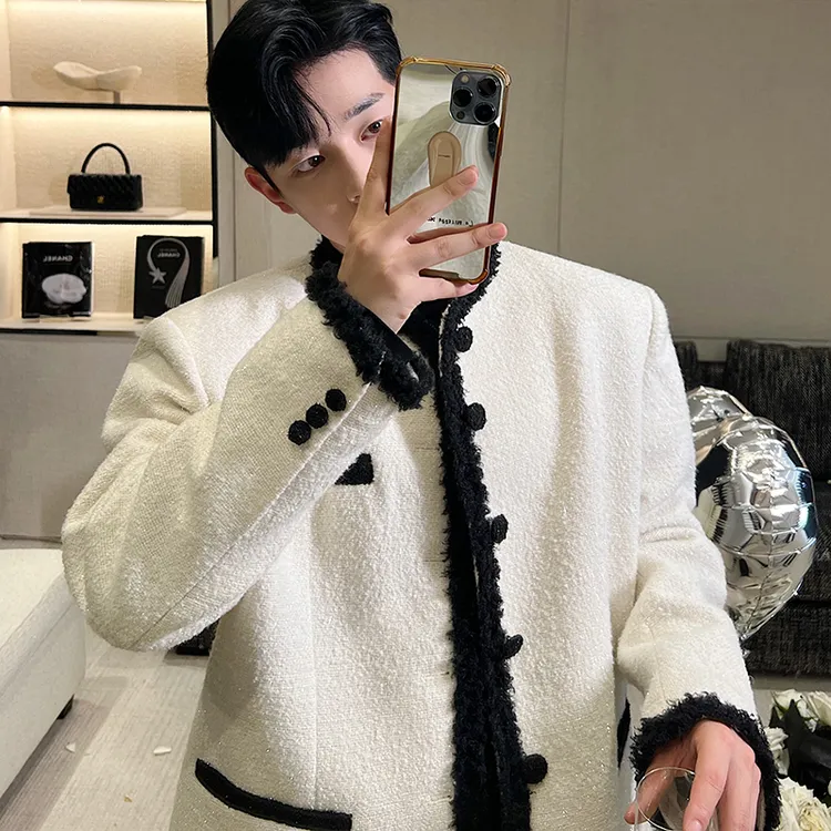 秋冬新款羊毛粗纺花边撞色设计长毛织带小香风外套男韩风百搭上衣
