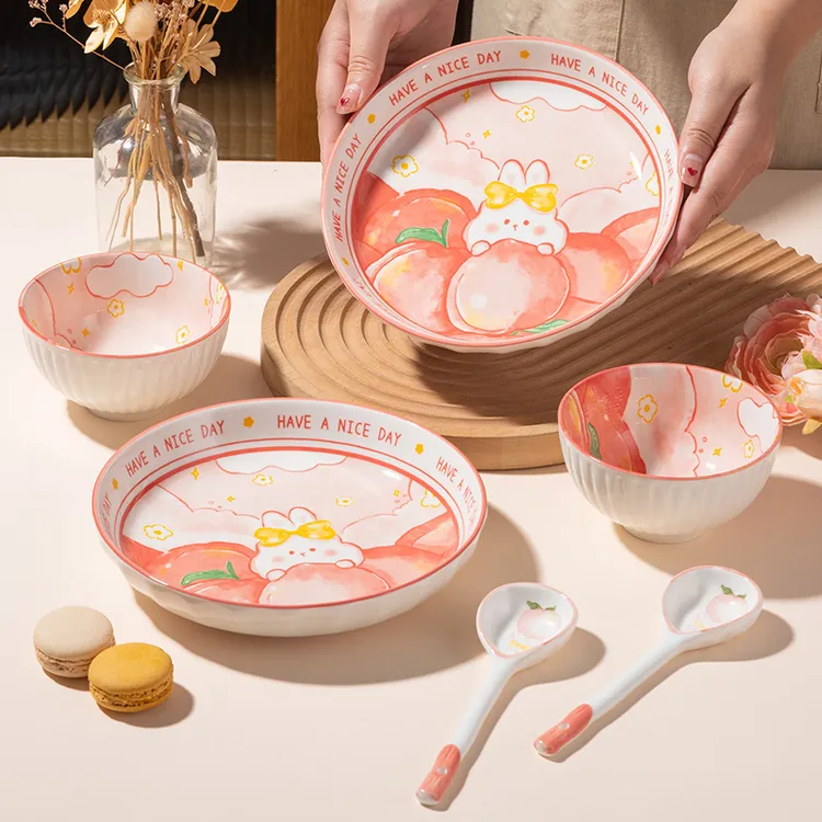 【蜜桃兔】陶瓷碗盘餐具6件套（米饭碗*2个+饭盘*2个+长勺*2个）