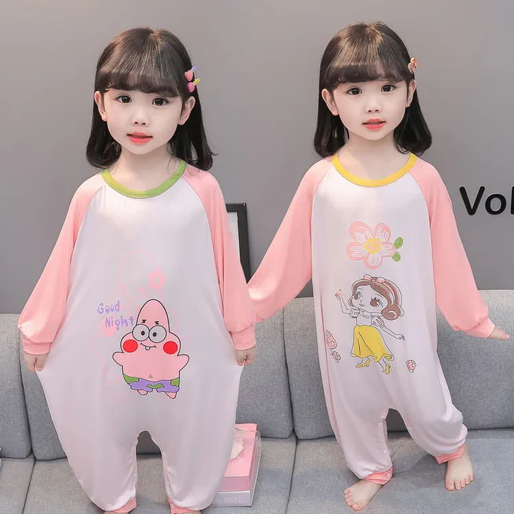 儿童睡衣女童家居服可爱印花连体衣长袖春秋女孩卡通公主莫代尔衣