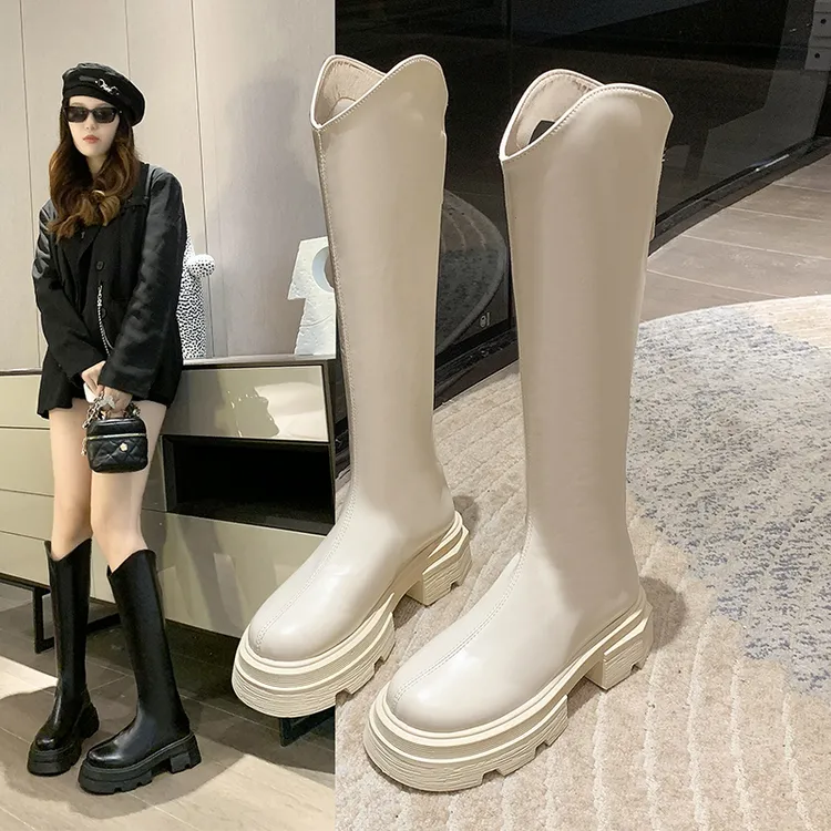 长筒靴女秋冬季小个子圆头复古高筒骑士靴厚底v口中跟粗跟瘦瘦靴