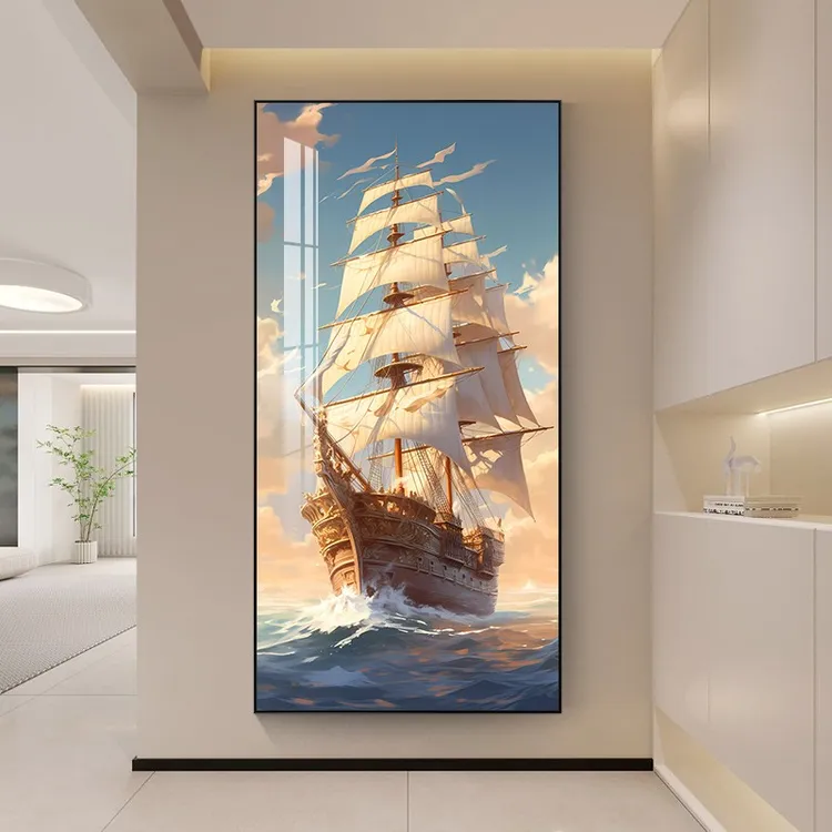 现代简约玄关装饰画帆船走廊过道竖版挂画入户进门正对墙单幅壁画