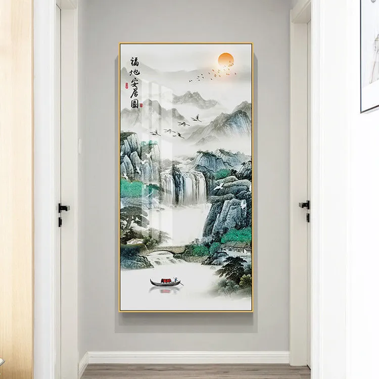 玄关装饰画入户进门过道办公竖版晶瓷招财新中式山水挂画客厅壁画