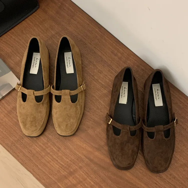 绒面复古丁字扣带玛丽珍鞋女2024年新款法式浅口低跟单鞋女奶奶鞋