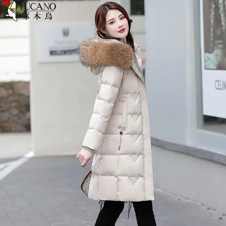 啄木鸟显瘦羽绒服中长款修身加厚韩版冬装洋气时尚女秋冬宽松保暖