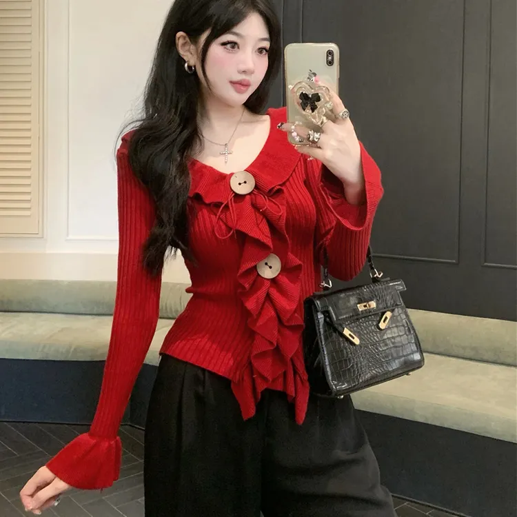 女士秋天衣裳设计感两粒扣针织衫紧身显瘦长袖V领小众荷叶边上衣