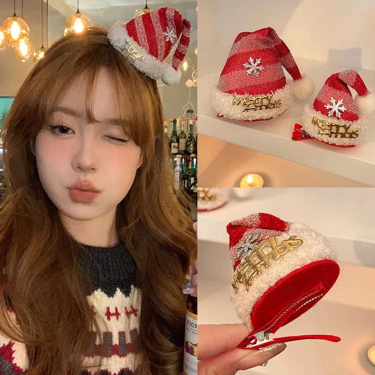 圣诞节发饰可爱红帽子发夹女2024新款秋冬夹子头饰圣诞帽发卡配饰