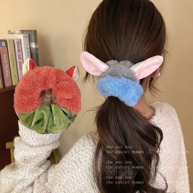 疯狂动物城朱迪尼克毛绒发圈头绳秋冬新款扎马尾发绳肥肠皮筋头饰