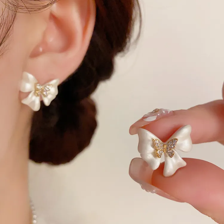 铜合金锆石耳饰 韩式时尚甜美温柔烤漆锆石蝴蝶结耳钉耳环气质