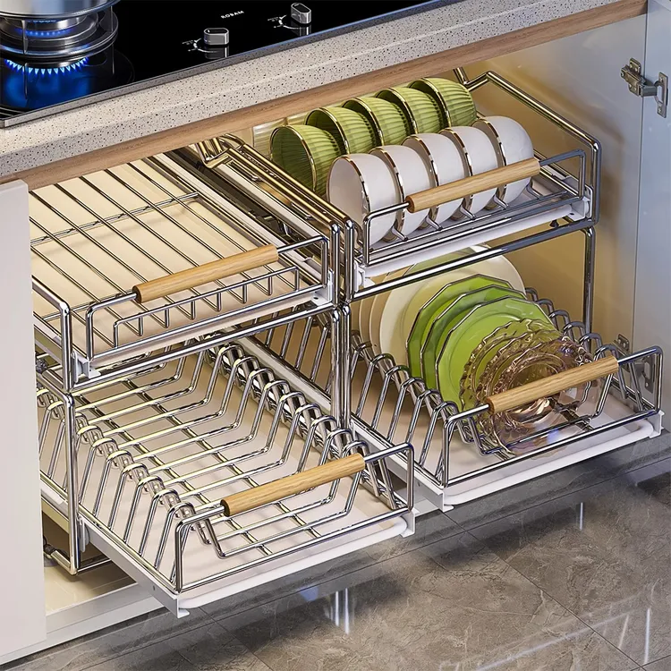 优勤碗碟收纳架超深橱柜内置拉篮抽屉式下水槽抽拉厨房盘子沥水架