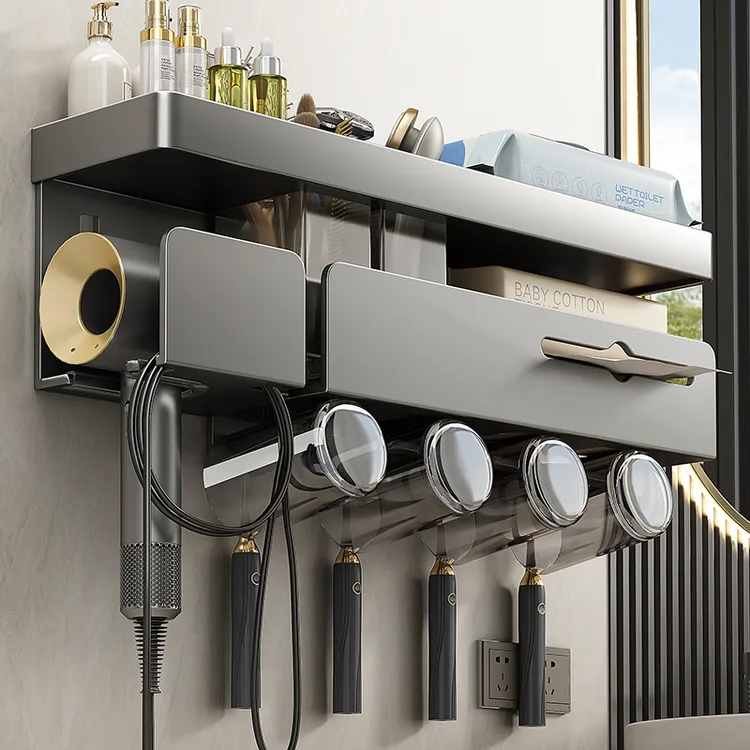 牙刷置物架免打孔枪灰卫生间漱口杯刷牙杯收纳壁挂式电动牙刷架子