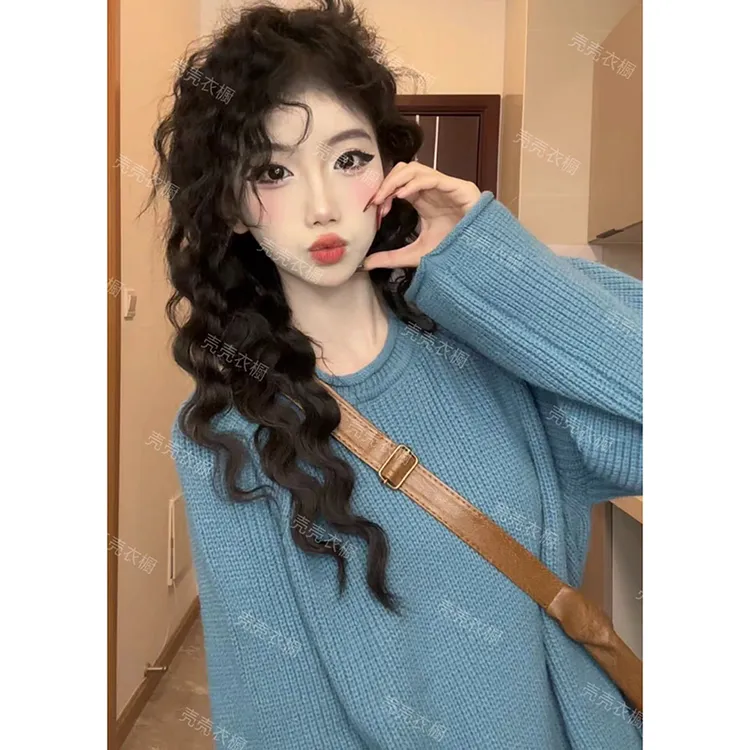 炸街韩版慵懒风蓝色针织毛衣女2024秋新款宽松百搭显瘦套头上衣潮