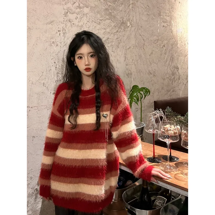 2004红色条纹长绒软糯圆领宽松套头慵懒风ins长袖针织衫上衣005