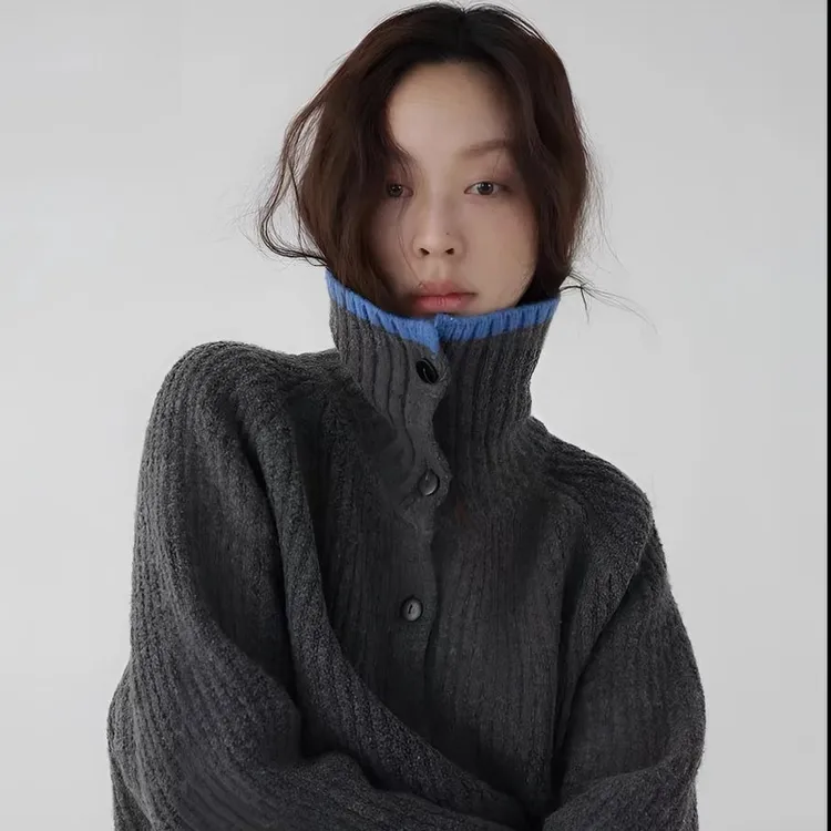 设计感炸街秋冬新款慵懒风半高领撞色时尚百搭宽松显瘦毛衣针织衫