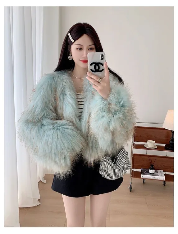 新款喇叭袖高腰款45衣长貉子毛加密加厚编织外套冬季网红时尚女装