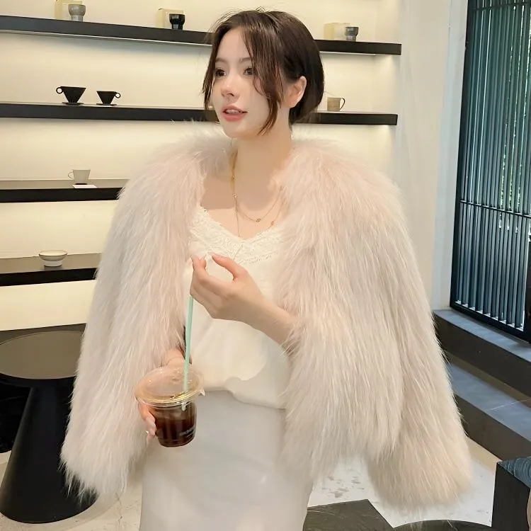 2025新款貉子毛编织白貉短外套女2024秋冬新款网红毛毛大衣短款