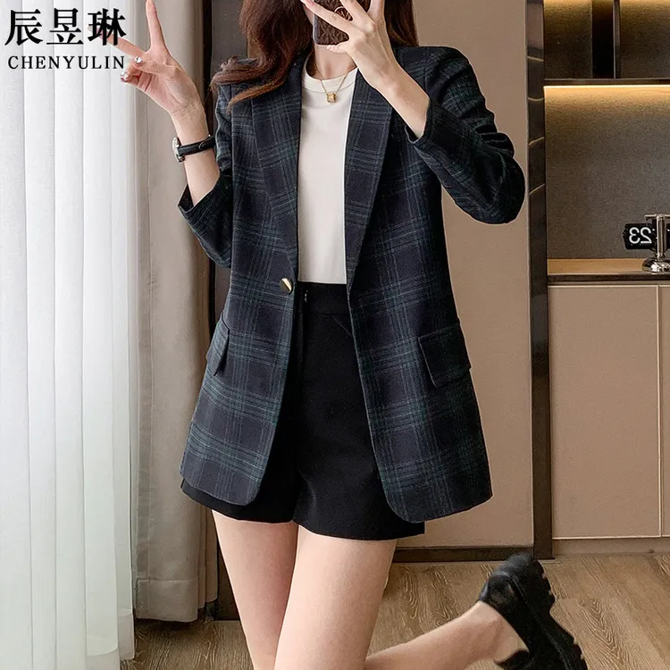 英伦风绿色格子西装外套女秋冬气质宽松设计感休闲西服上衣春秋