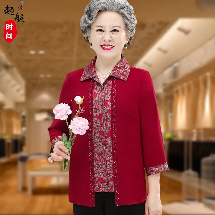奶奶装衬衫假两件七分袖中年妈妈雪纺衫夏装老太太衣服薄老年人女