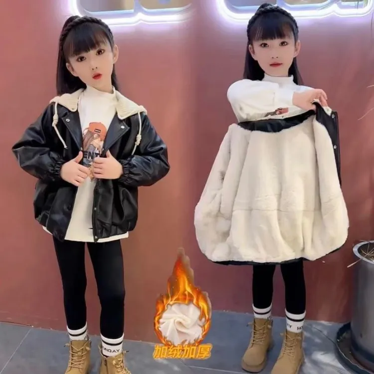 女童加绒皮衣外套2025新款洋气时尚加厚保暖冬季中大童连帽上衣潮