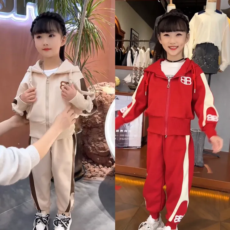 女童时尚休闲洋气春秋款连帽2025新款撞色韩系字母运动网红套装