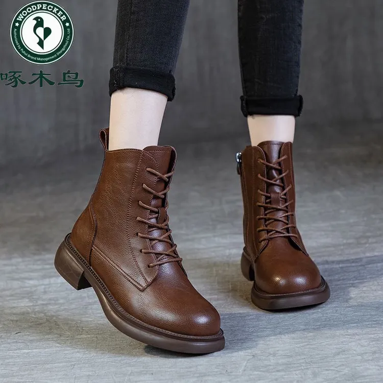 【啄木鸟品牌】冬季新款专柜正品加厚软皮软底切尔西马丁靴1137T