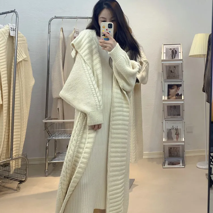 【210】白色慵懒风中长款针织开衫女秋冬加厚过膝大版毛衣外套大衣