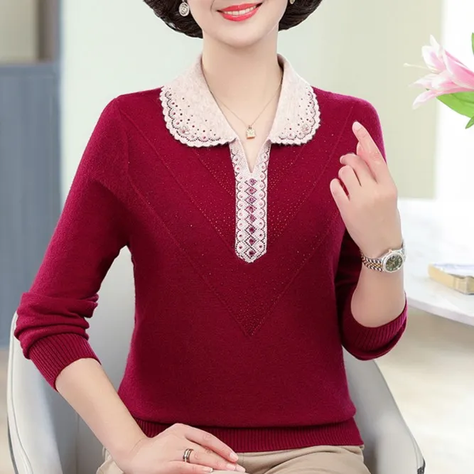 高贵妈妈装翻领羊毛衫2023年秋季新款气质勾花针织衫中老年女装