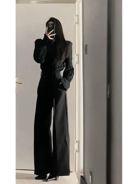 又a又飒套装早秋2024新款设计感黑色衬衫西装裤遮肉显瘦两件套女