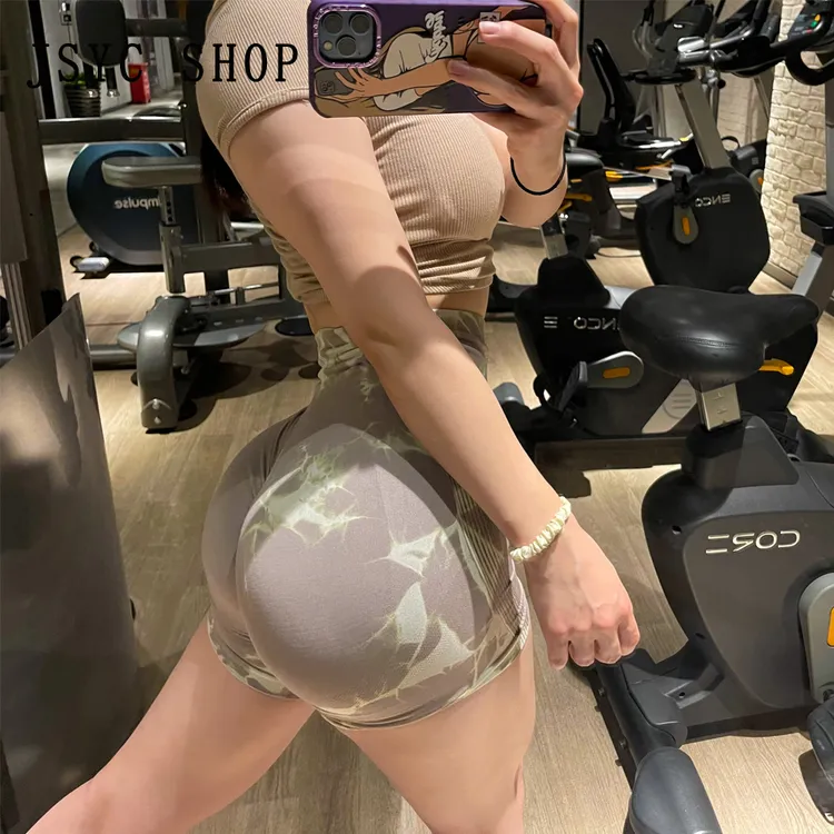 ins欧美健身短裤高腰紧身蜜桃运动三分半显臀大扎染瑜伽裤女