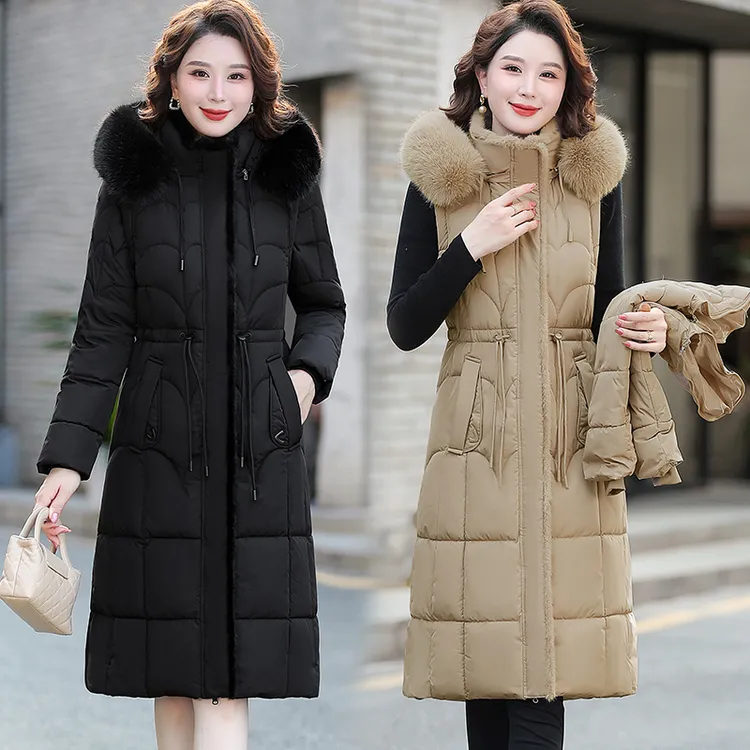 时尚妈妈装冬装长款棉衣中老年女装中长款保暖马甲外套连帽棉服