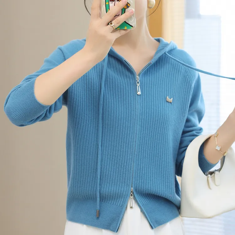 100%羊毛连帽针织衫女开衫拉链外搭春秋高档开衫毛衣洋气高贵上衣