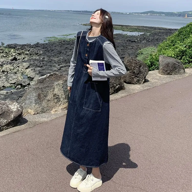 藏青色牛仔背心裙套装女2024年秋季新款条纹卫衣无袖连衣裙两件套