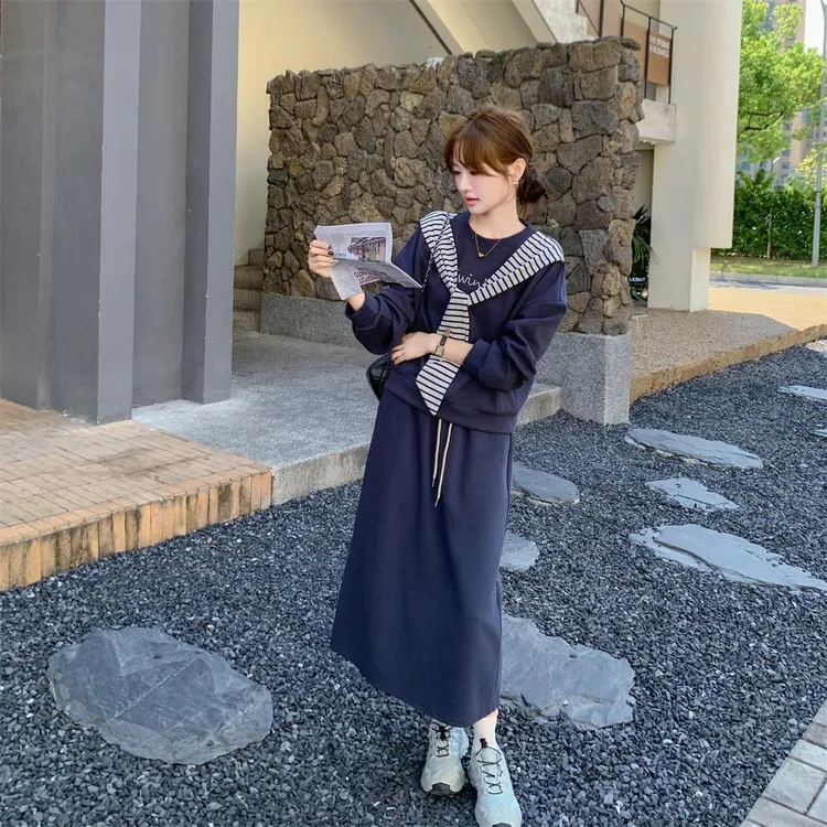 藏青色休闲卫衣运动套装裙女秋季高级感学院风大方得体时髦洋气