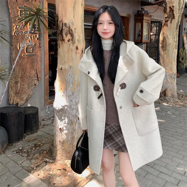 牛角双面呢大衣女秋冬2024新款学院风韩系减龄设计感外套短款