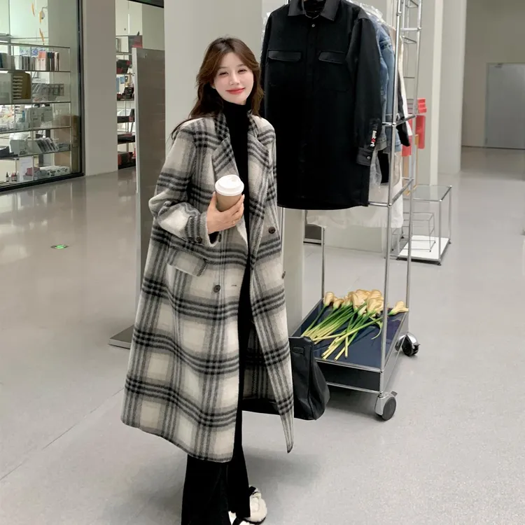 韩系格子双面羊绒大衣女2025秋冬新款高级感中长款气质毛呢外套