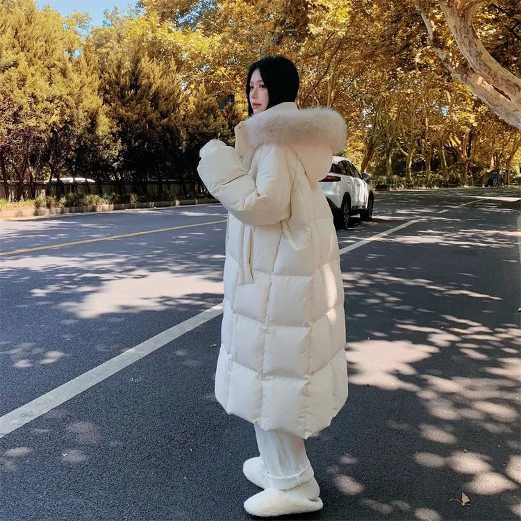 大毛领连帽米白色大棉袄棉服女冬季2025新款设计感简约设计感加厚