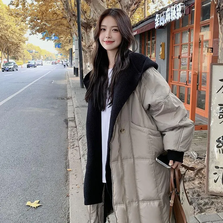 中长款连帽拼接羽绒服女冬季2025年新款流行韩系东大门白鸭绒外套