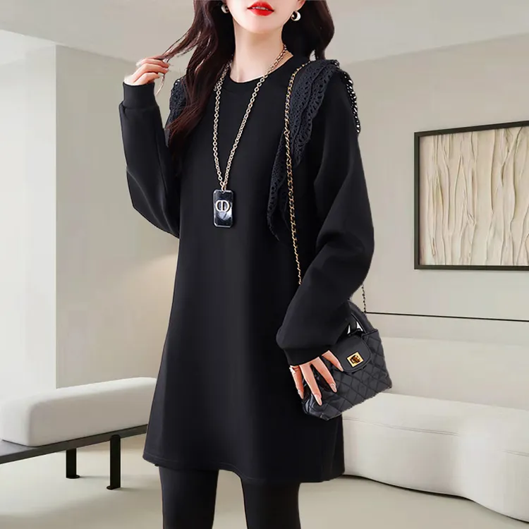 大码女装中长款T恤长袖2025秋季新款设计感拼接蕾丝宽松气质上衣