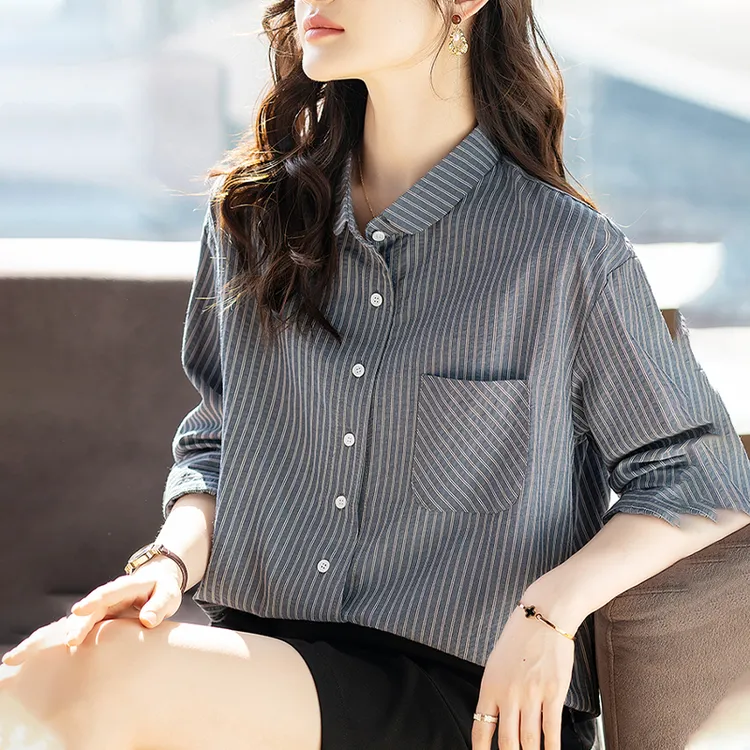 时尚气质条纹女士衬衫2025秋季新款大码宽松休闲显瘦纯色洋气小衫